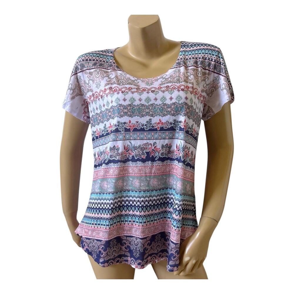 One World Tunic Top Womens Large Paisley Studded Pink Blue White Short Sleeve